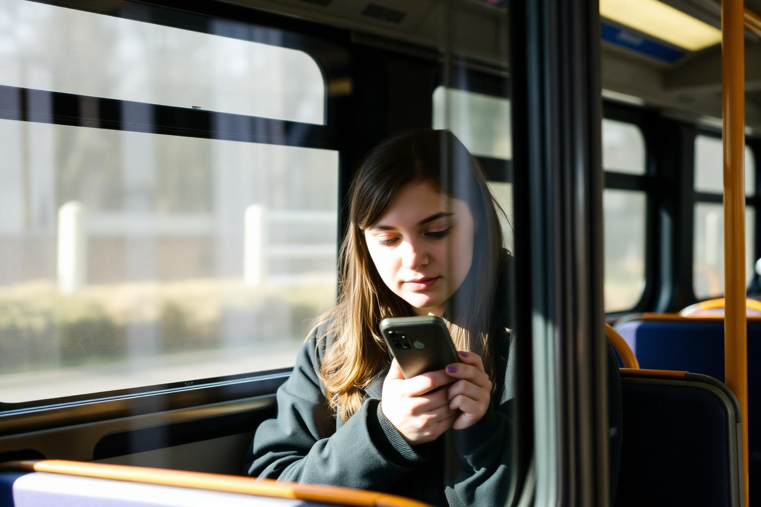 A student checking her phone by the window on a bus
