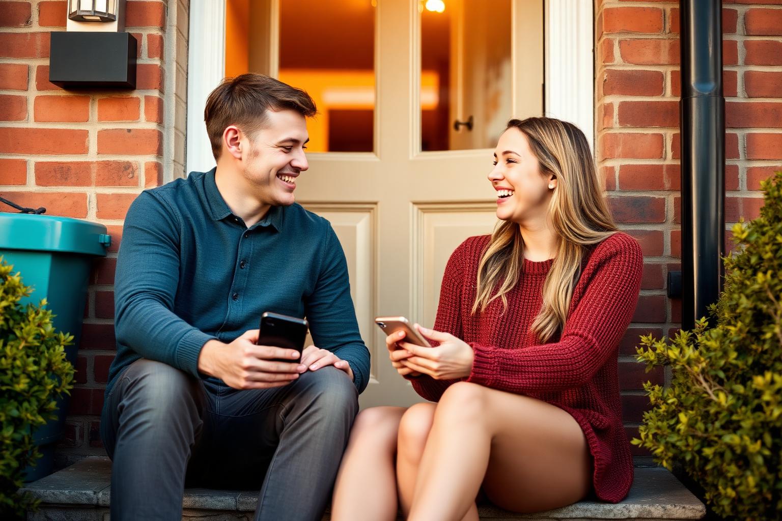 A young couple laughing together with their phones on the front step