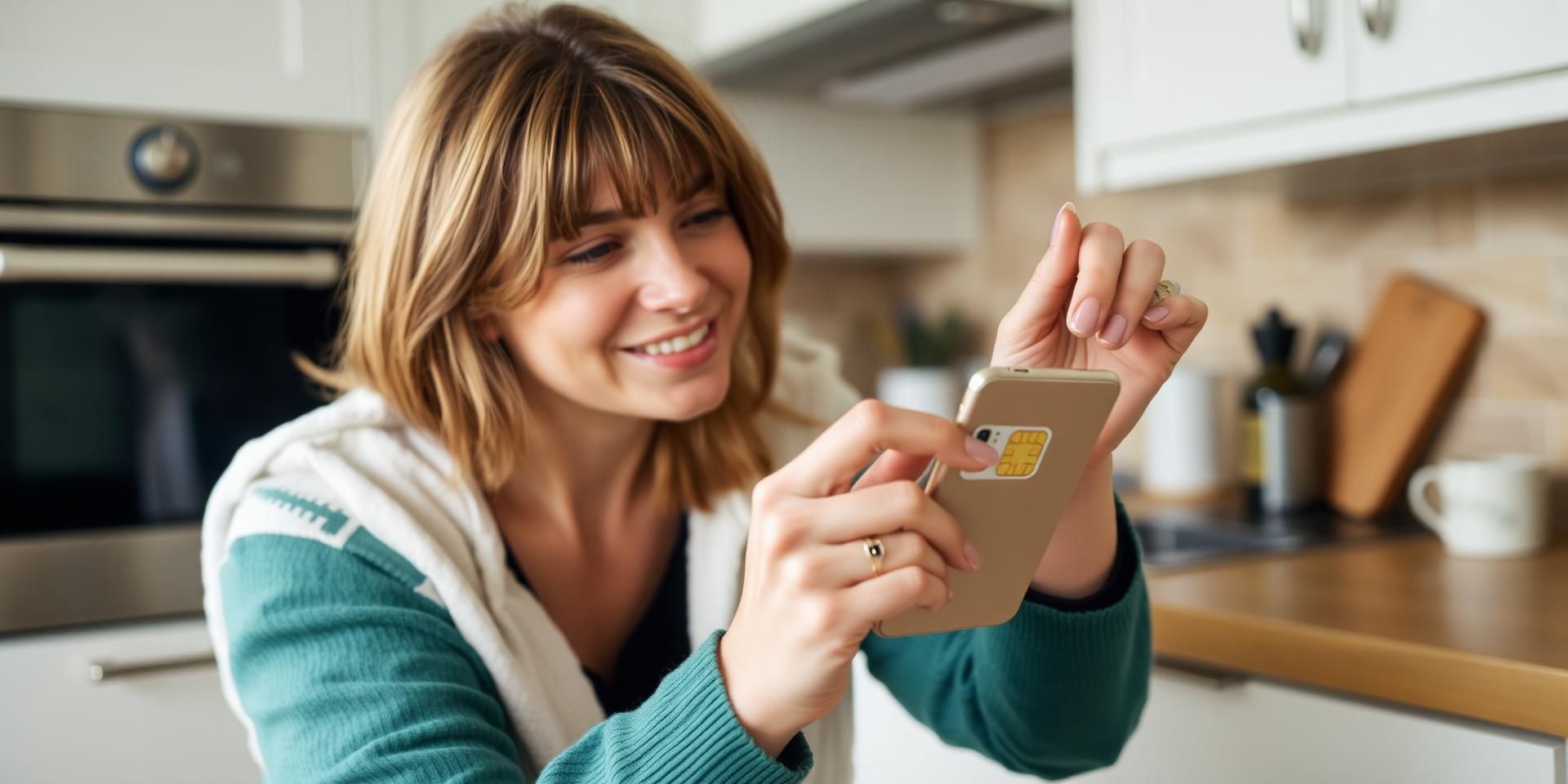 A woman fitting a new SIM card into her phone at a kitchen worktop