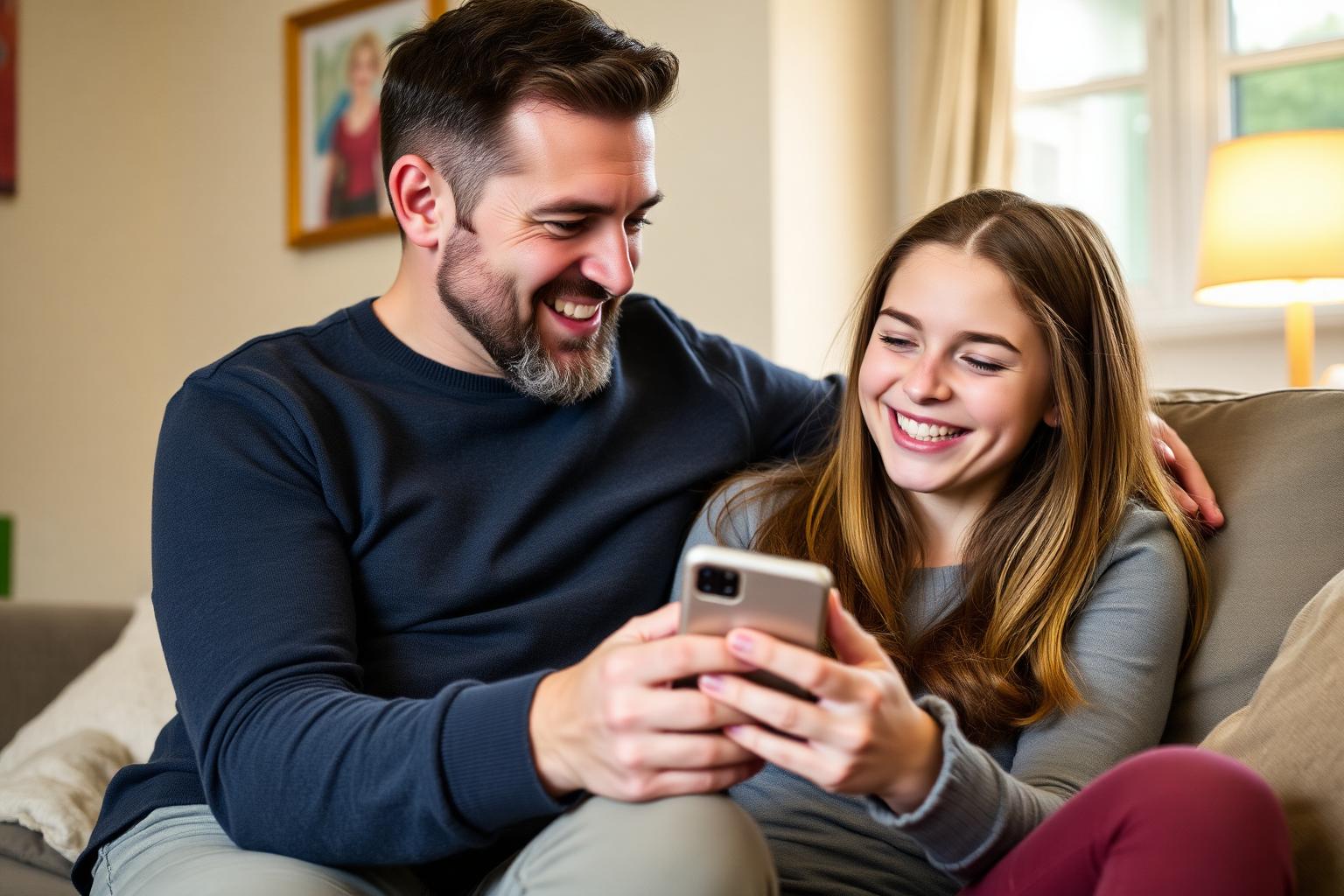 A dad and his teenage daughter laughing at a phone on the sofa
