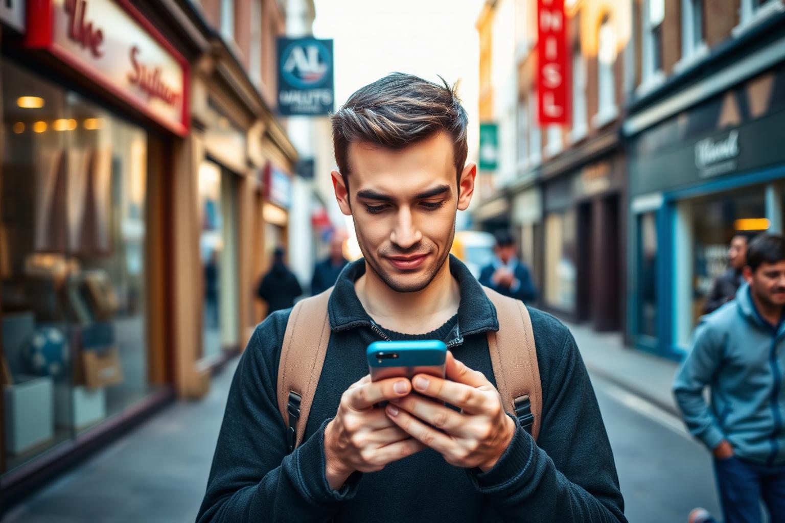 A young man checking his phone as he walks along a high street