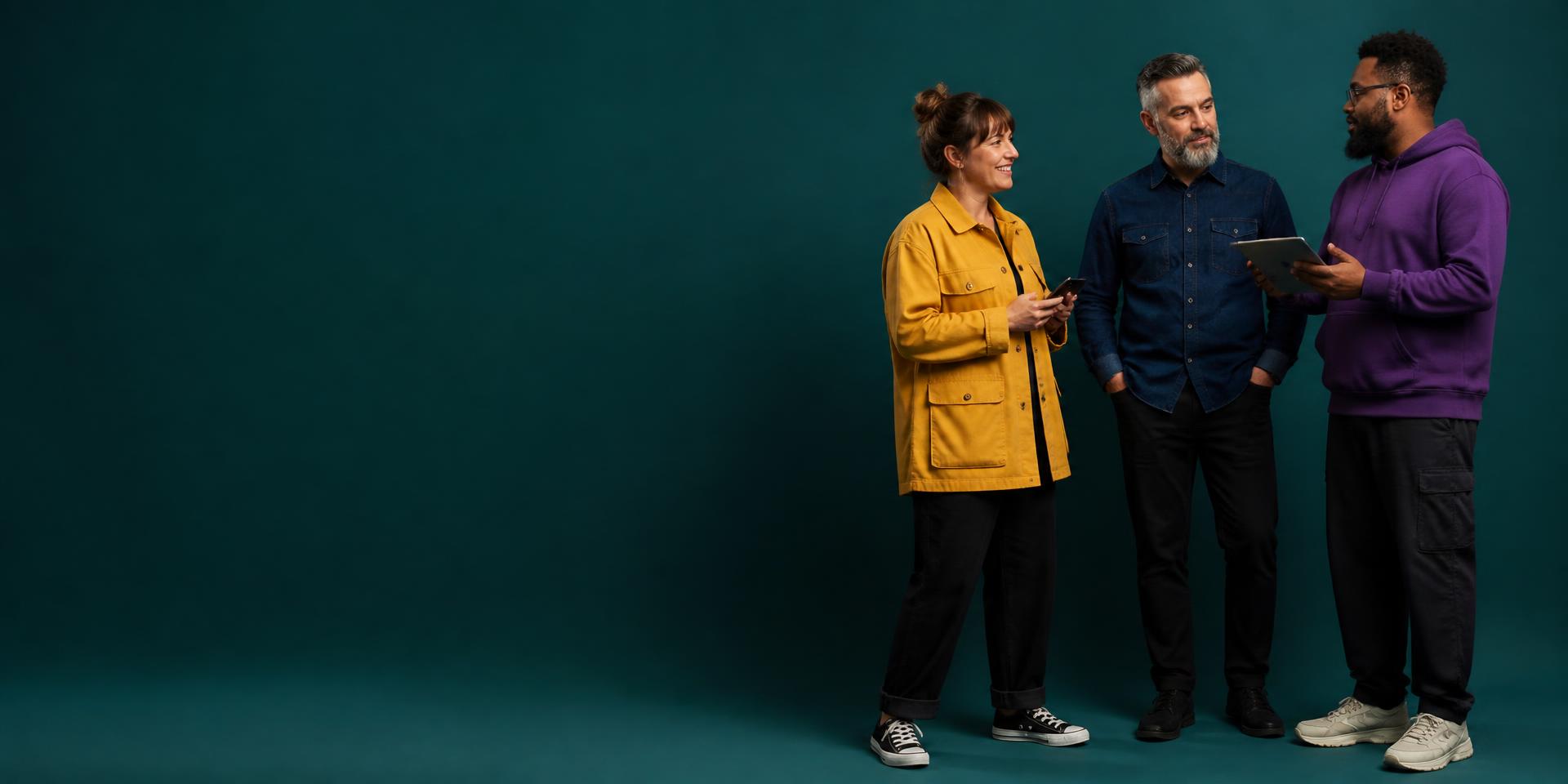 Three colleagues in a yellow utility jacket, navy denim shirt and purple hoodie talking against a deep teal studio backdrop