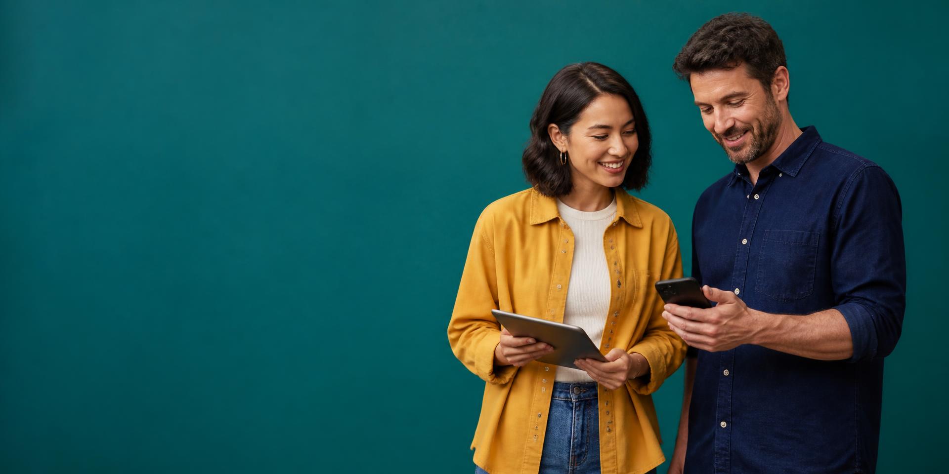 Two colleagues in a yellow overshirt and navy denim shirt looking at a tablet and phone against a teal studio backdrop