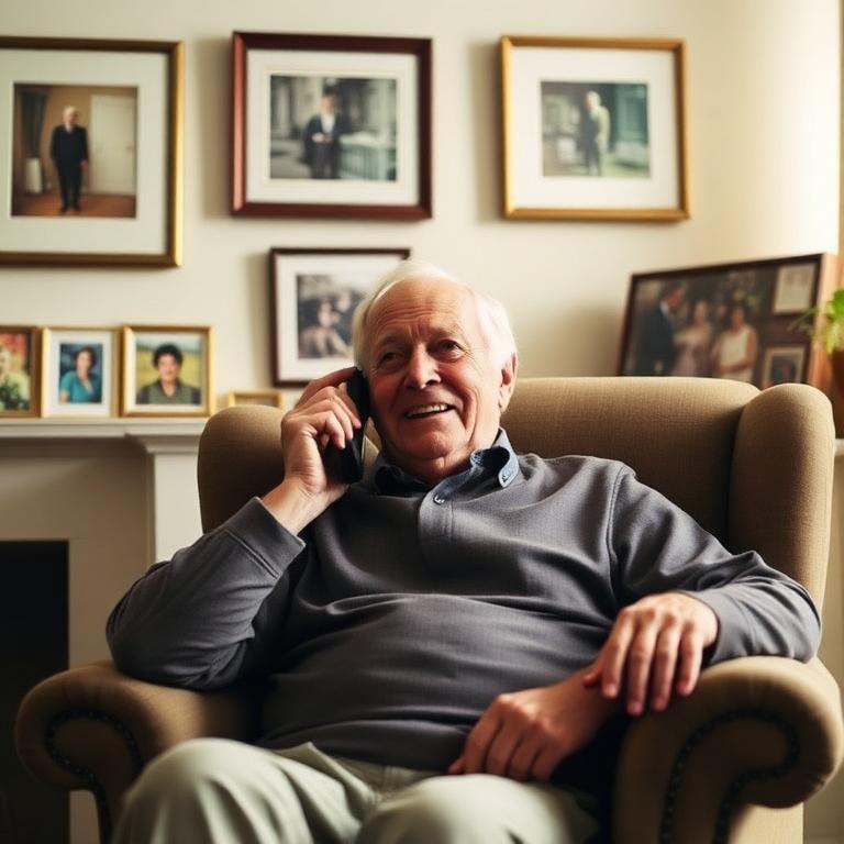 An older man smiling on the phone in his armchair at home