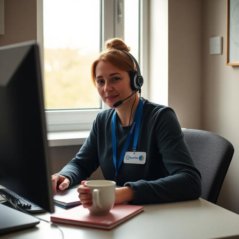 A helpline volunteer wearing a headset at a desk beside a sunny window