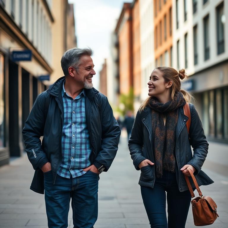 A mentor and a young adult walking and talking together along a city street