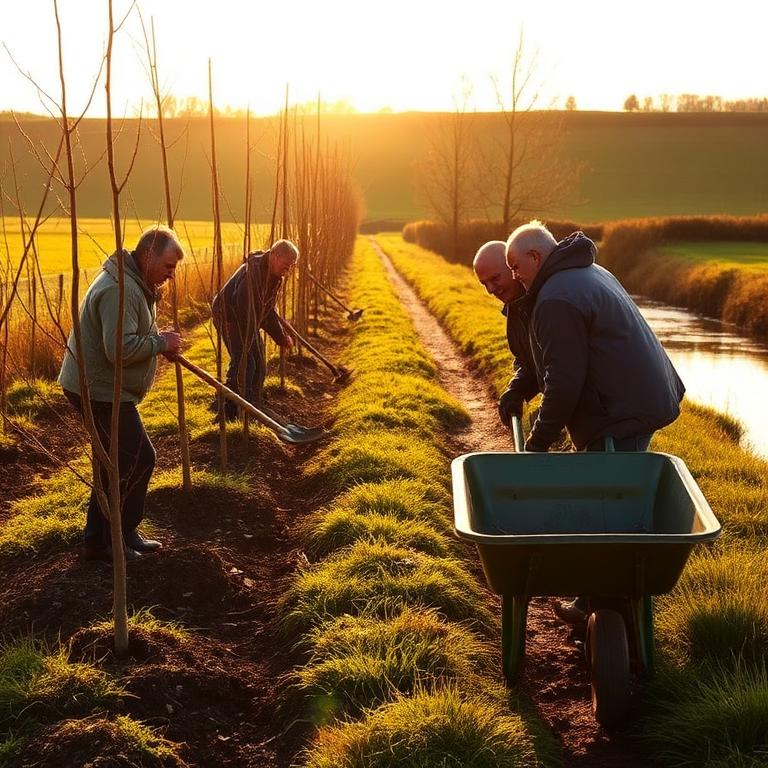 Conservation volunteers planting saplings along a riverside path at golden hour