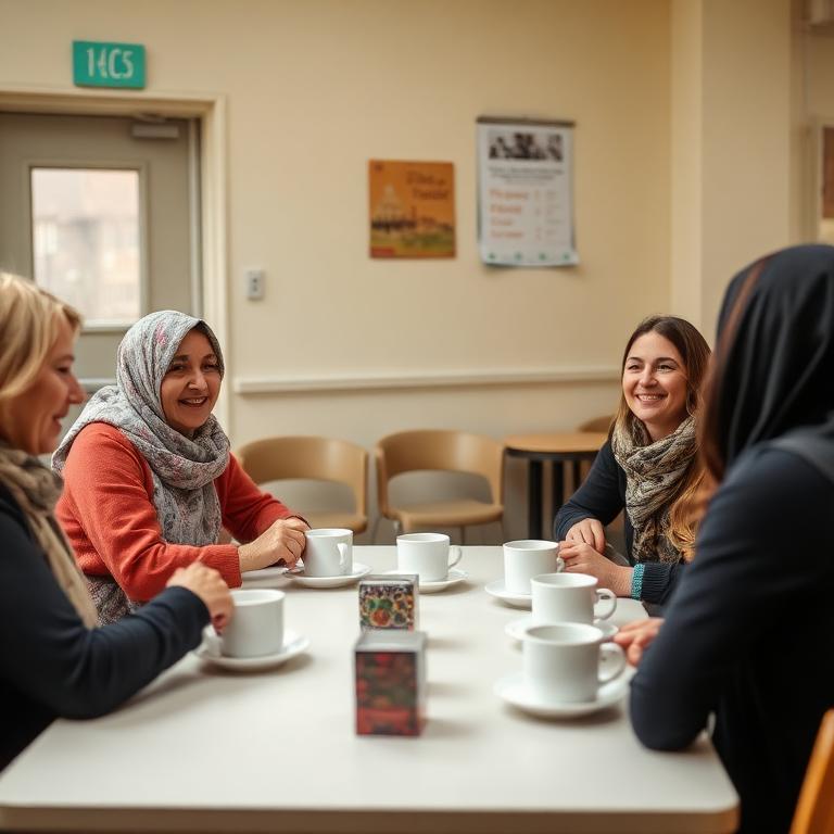 A volunteer and new arrivals chatting over tea around a table at a community centre