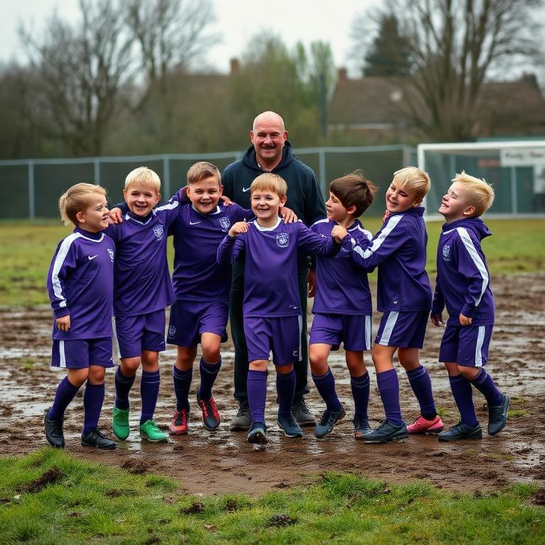 A grassroots football team of mixed ages celebrating with their coach on a muddy local pitch