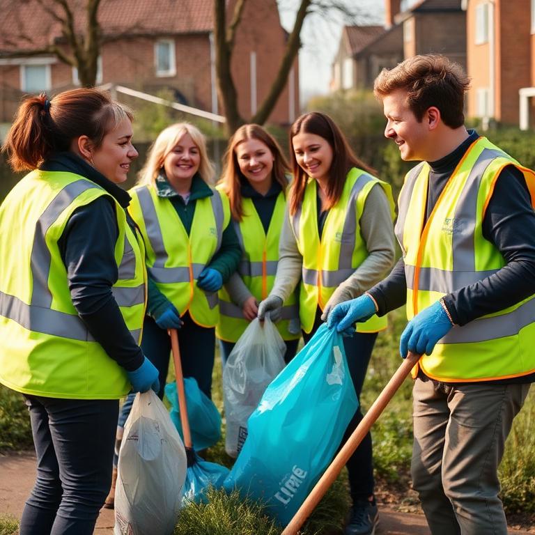 Volunteers in hi-vis vests litter-picking together on a neighbourhood green