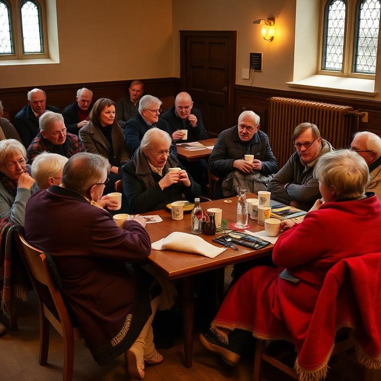 People of all ages with hot drinks and blankets around tables in a warm church hall
