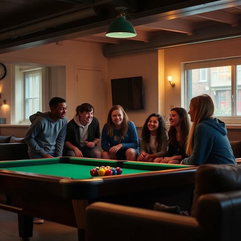 Teenagers laughing together around a pool table at an evening youth club